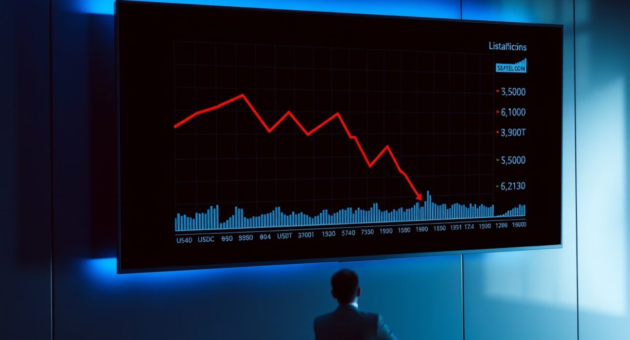 Digital screen showing a downward-trending chart in a dark trading office, representing shrinking crypto liquidity and stablecoin supply.