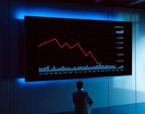 Digital screen showing a downward-trending chart in a dark trading office, representing shrinking crypto liquidity and stablecoin supply.