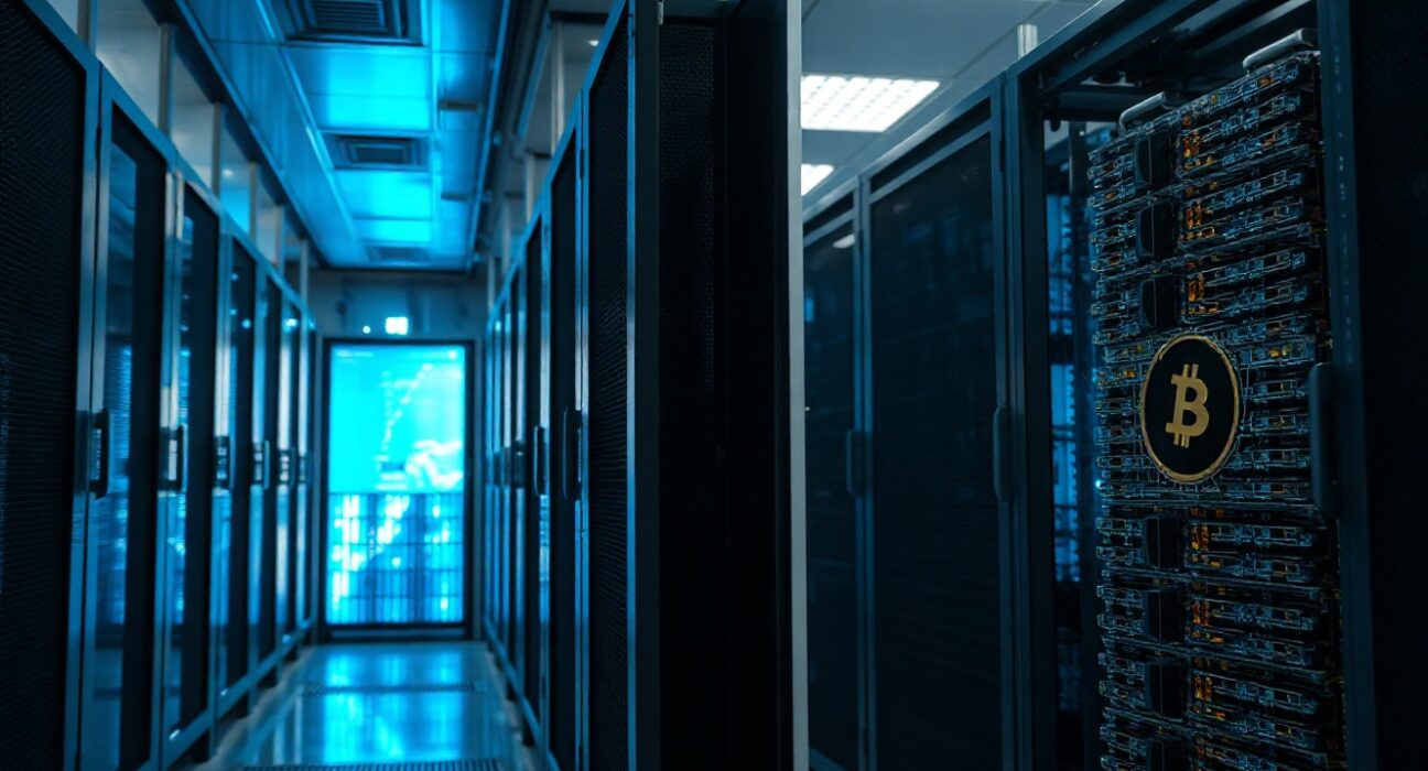 Split scene showing AI data center servers on one side and Bitcoin mining rigs on the other, representing capital shift.