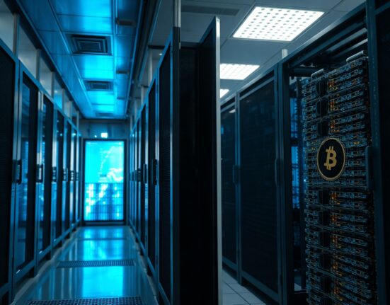 Split scene showing AI data center servers on one side and Bitcoin mining rigs on the other, representing capital shift.