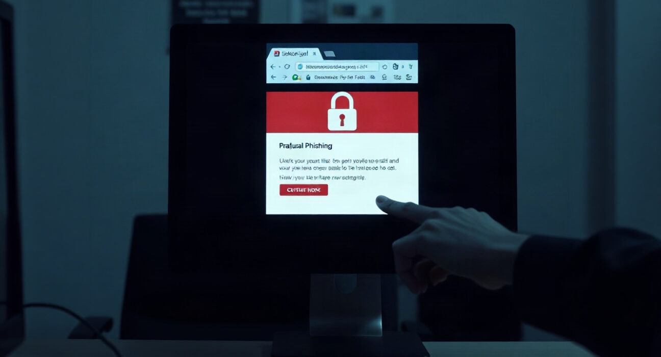 Illustration of a phishing email on a computer screen with a padlock icon, representing crypto security threats.