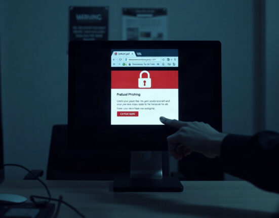 Illustration of a phishing email on a computer screen with a padlock icon, representing crypto security threats.