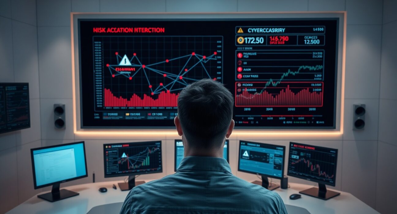 Cybersecurity analyst monitoring blockchain hack warnings on a digital screen