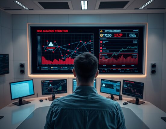 Cybersecurity analyst monitoring blockchain hack warnings on a digital screen