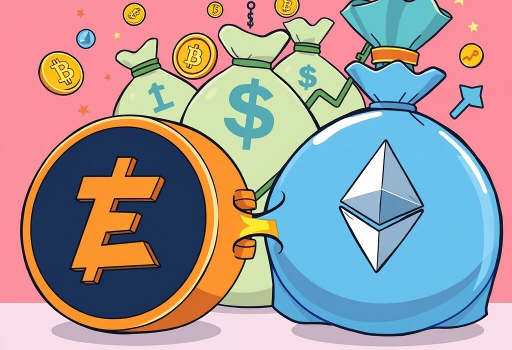 Cartoon illustration showing the significant growth and collaboration in Crypto M&A, symbolizing the industry's record $12 billion deal volume and market maturation.