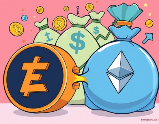 Cartoon illustration showing the significant growth and collaboration in Crypto M&A, symbolizing the industry's record $12 billion deal volume and market maturation.