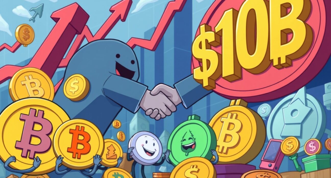 Cartoon showing various digital assets merging, symbolizing the unprecedented surge in crypto M&A value past $10 billion.