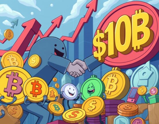 Cartoon showing various digital assets merging, symbolizing the unprecedented surge in crypto M&A value past $10 billion.