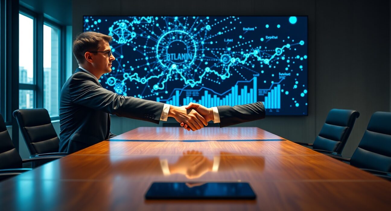 Two business executives shaking hands in a modern boardroom with blockchain network visualization on a screen in the background.