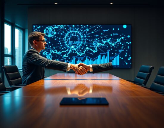 Two business executives shaking hands in a modern boardroom with blockchain network visualization on a screen in the background.