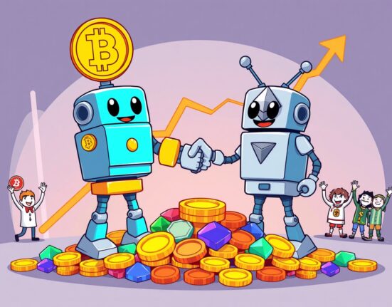 A vibrant cartoon illustration symbolizing the record-breaking crypto M&A volume through a handshake of crypto-themed robots.