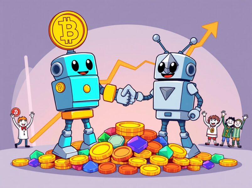 A vibrant cartoon illustration symbolizing the record-breaking crypto M&A volume through a handshake of crypto-themed robots.