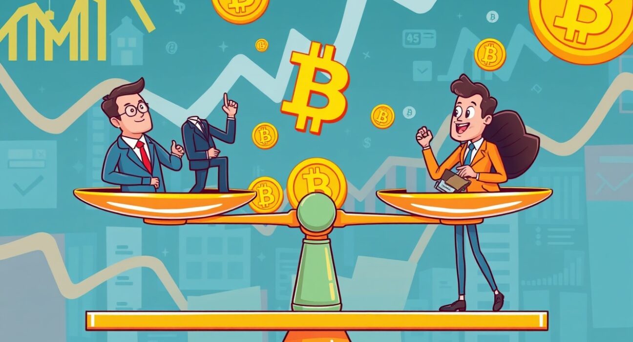 Cartoon illustration showing crypto macroeconomic trends balancing institutional and retail market forces