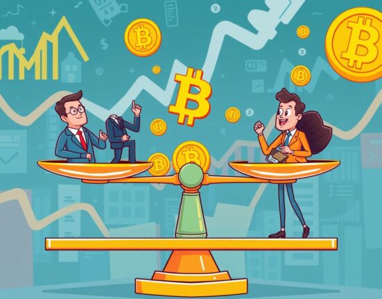 Cartoon illustration showing crypto macroeconomic trends balancing institutional and retail market forces