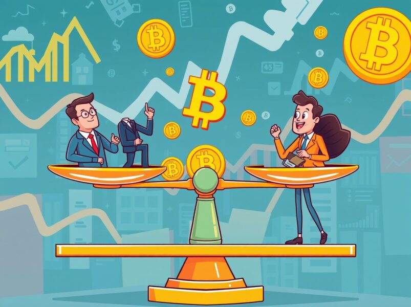 Cartoon illustration showing crypto macroeconomic trends balancing institutional and retail market forces