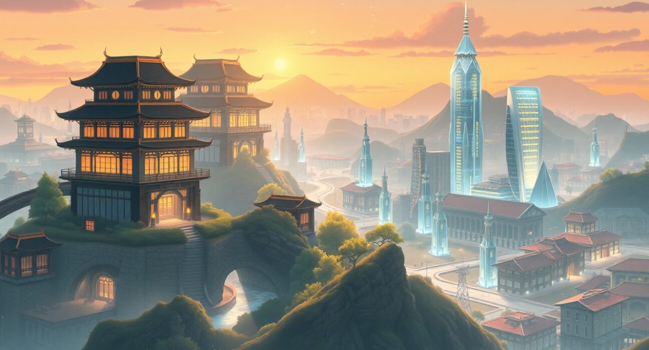 Visual metaphor for crypto mainstream finance integration showing traditional and digital economies merging.