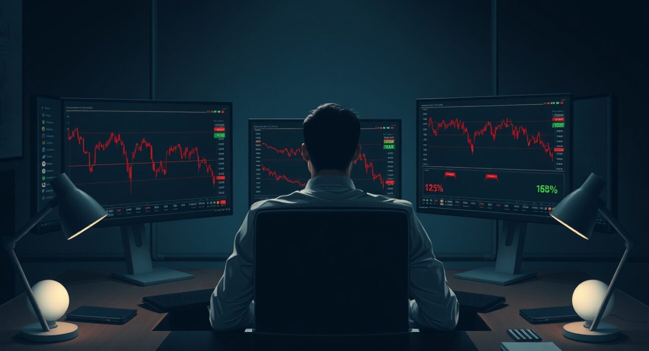 Analyst studying crypto market bear cycle charts with negative funding rates on multiple monitors