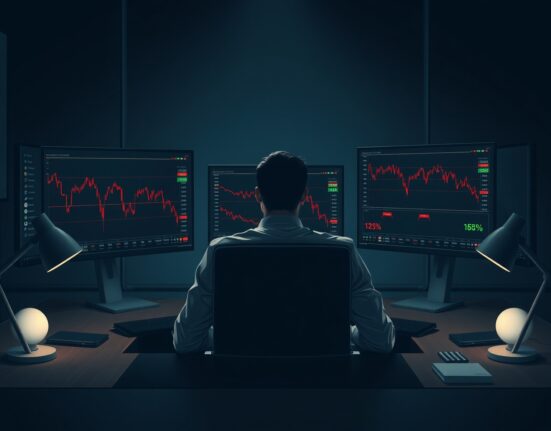 Analyst studying crypto market bear cycle charts with negative funding rates on multiple monitors