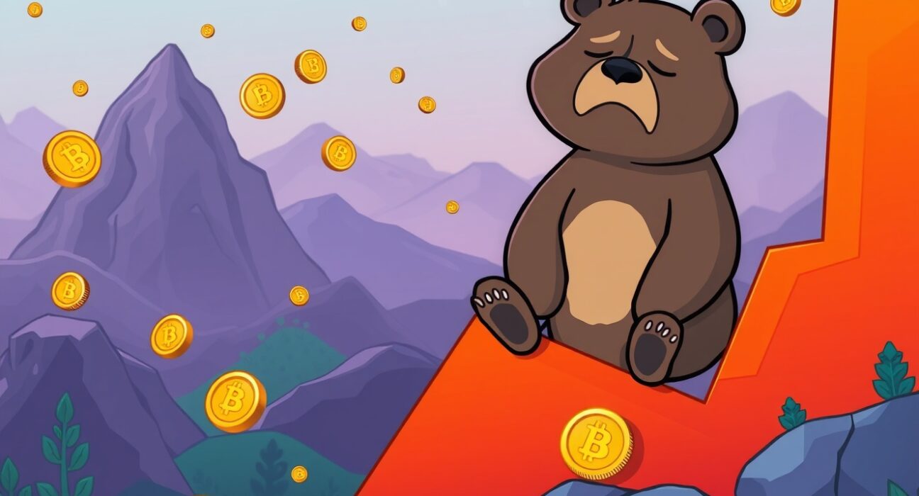 Cartoon bear symbolizing crypto market bear phase sitting on falling cryptocurrency chart