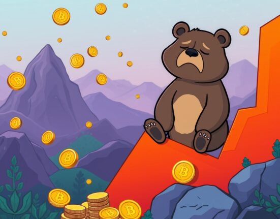 Cartoon bear symbolizing crypto market bear phase sitting on falling cryptocurrency chart