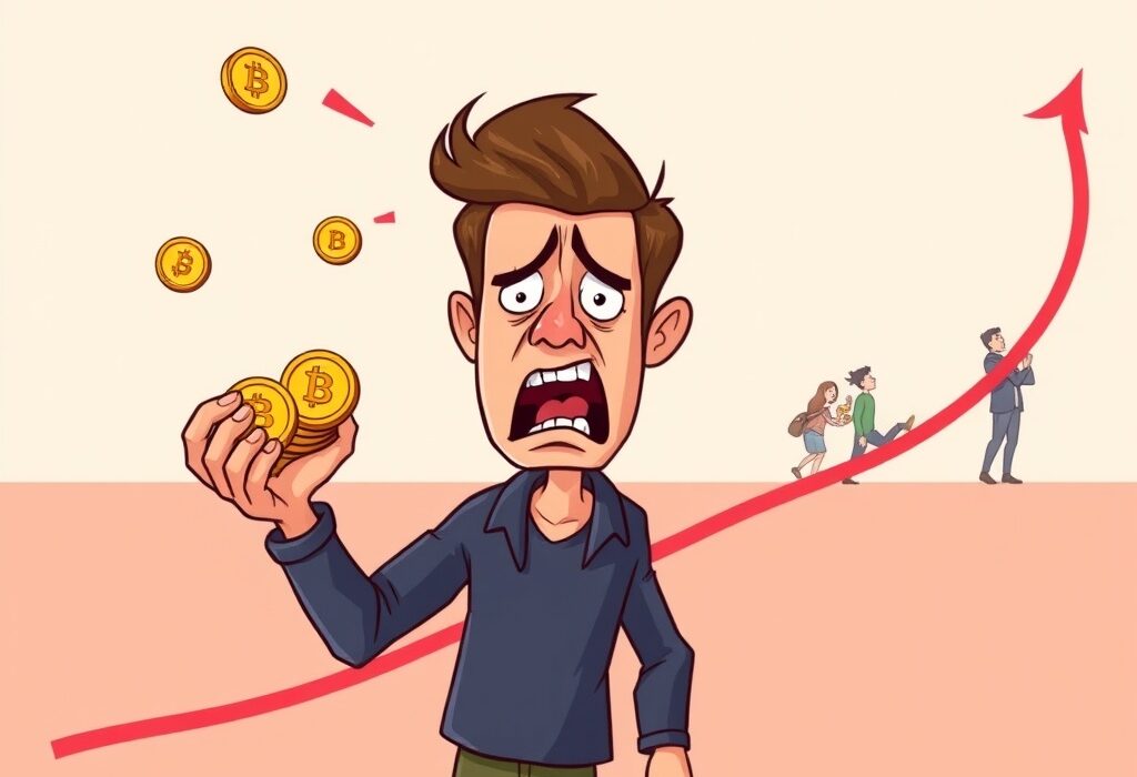 Cartoon illustration showing the crucial mistake of selling the crypto market bottom during a downturn, emphasizing the importance of patience.