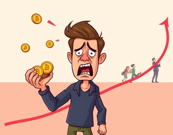 Cartoon illustration showing the crucial mistake of selling the crypto market bottom during a downturn, emphasizing the importance of patience.