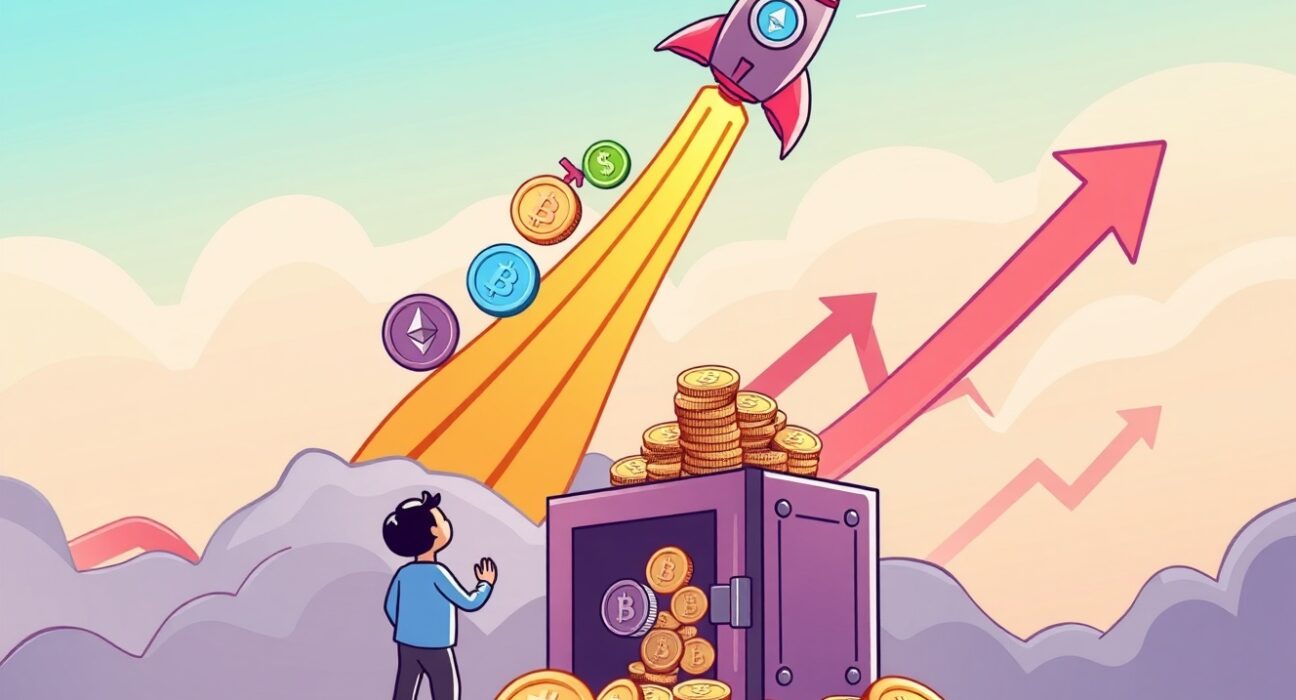 A cartoon illustration showing crypto market bullish signals with stablecoins flowing into an exchange and Bitcoin/Ethereum moving to private wallets, indicating a rally.
