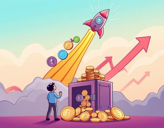 A cartoon illustration showing crypto market bullish signals with stablecoins flowing into an exchange and Bitcoin/Ethereum moving to private wallets, indicating a rally.