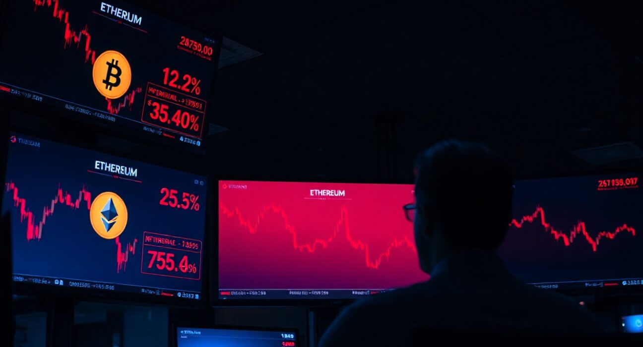 Dimly lit trading floor with screens showing declining cryptocurrency prices and charts