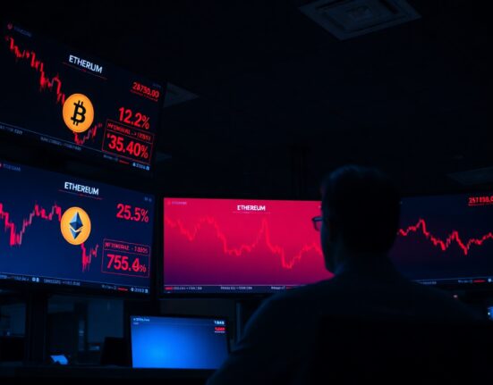 Dimly lit trading floor with screens showing declining cryptocurrency prices and charts