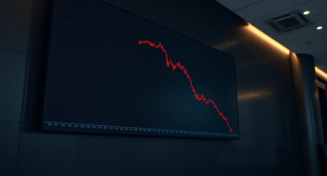 Digital display showing a red declining crypto market cap graph in a trading floor