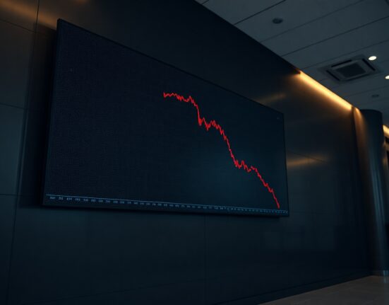 Digital display showing a red declining crypto market cap graph in a trading floor
