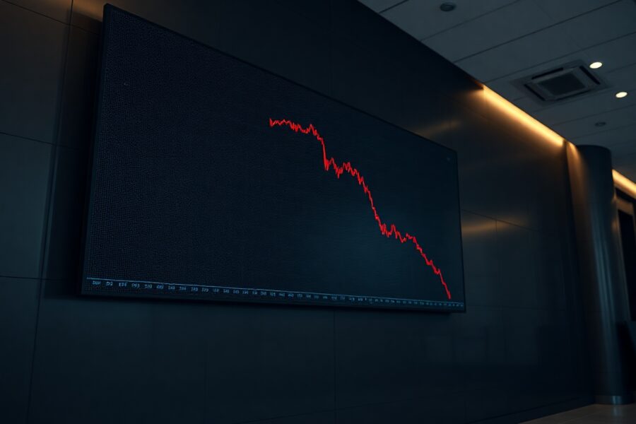 Digital display showing a red declining crypto market cap graph in a trading floor