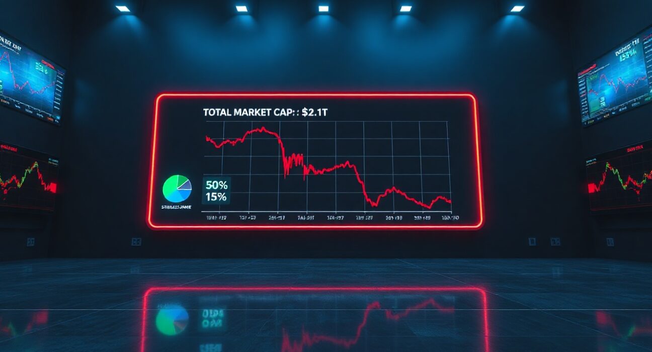 Dimly lit trading floor with a large digital display showing crypto market cap decline and stablecoin share increase