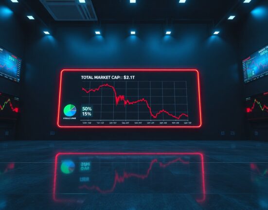 Dimly lit trading floor with a large digital display showing crypto market cap decline and stablecoin share increase