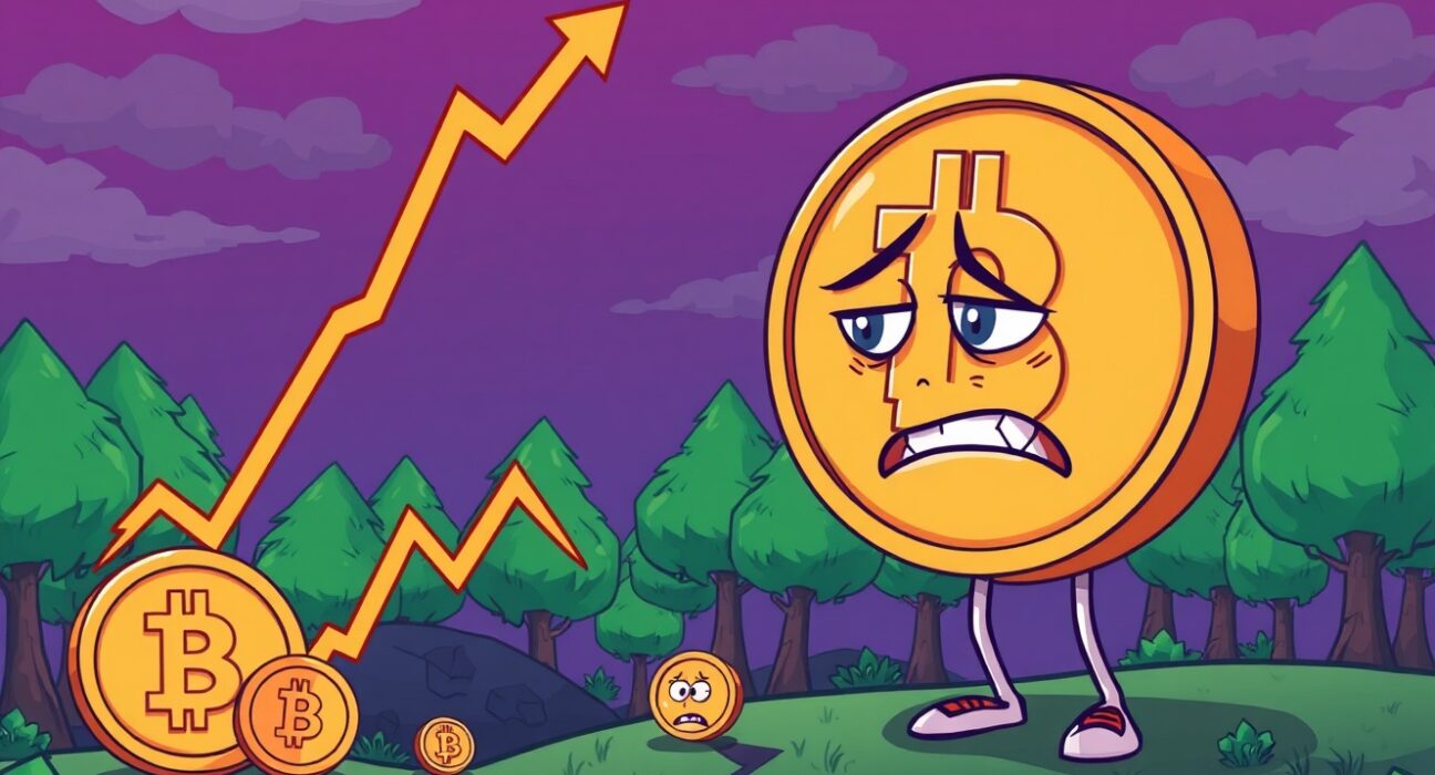 Animated cryptocurrency coin worried as crypto market cap crashes on a steep chart.