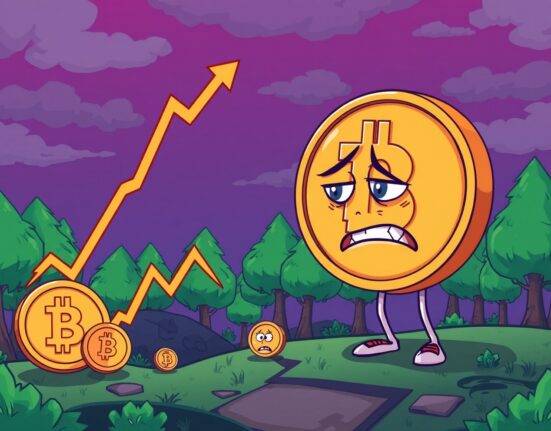 Animated cryptocurrency coin worried as crypto market cap crashes on a steep chart.