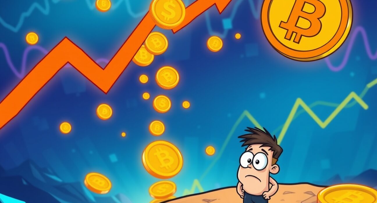 Cartoon illustration showing a significant crypto market cap drop, with digital assets falling and an investor observing.