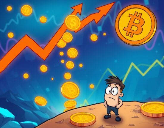 Cartoon illustration showing a significant crypto market cap drop, with digital assets falling and an investor observing.