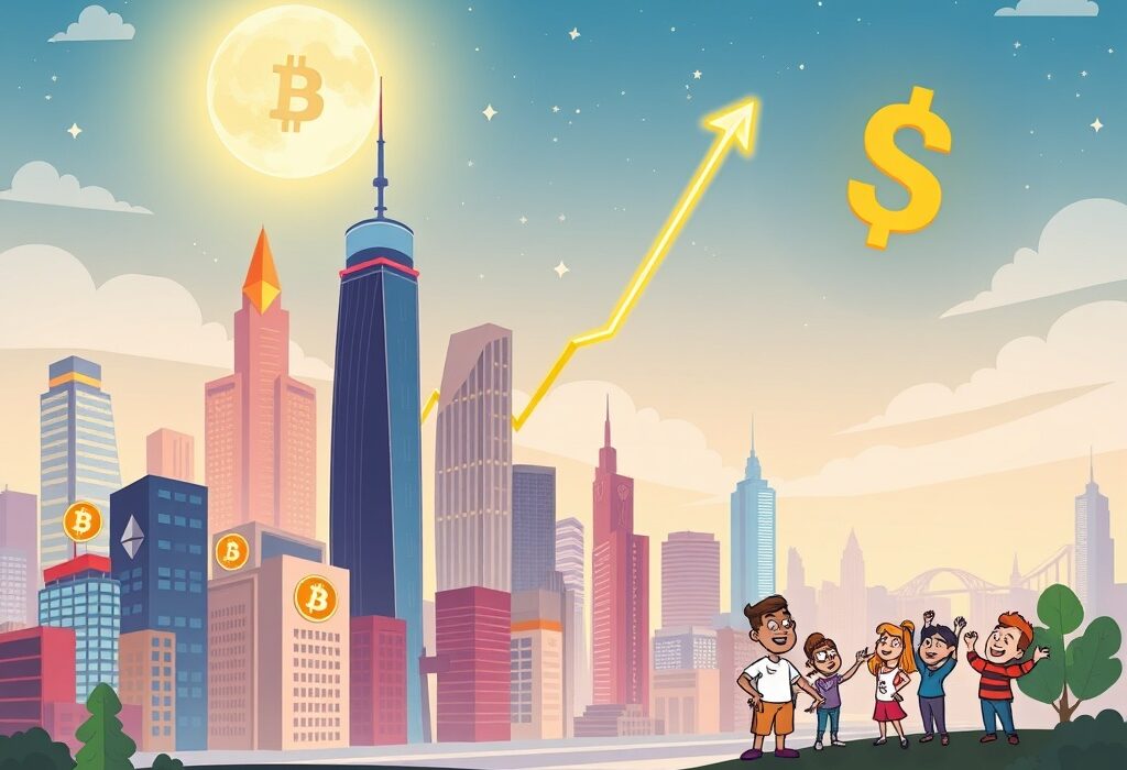 A cartoon illustration showing the crypto market cap rising rapidly, representing a strong recovery.