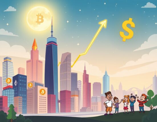 A cartoon illustration showing the crypto market cap rising rapidly, representing a strong recovery.