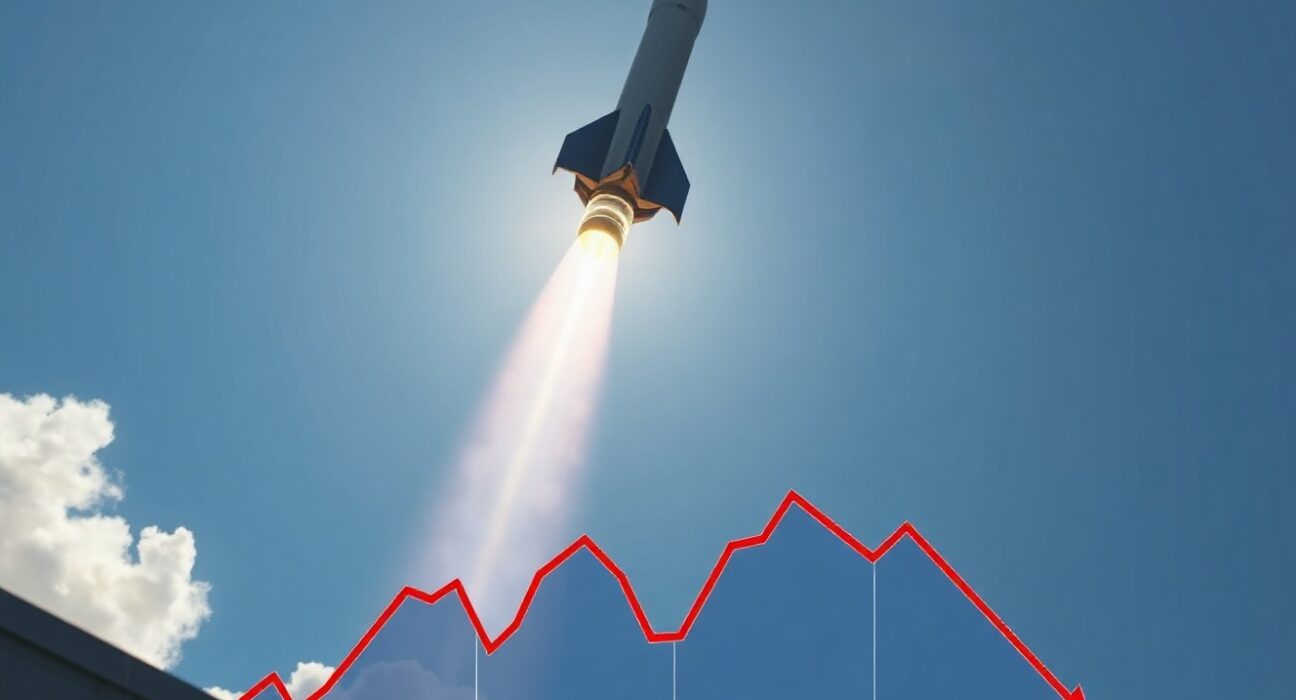 SpaceX rocket launching with a downward-trending crypto market cap graph overlay