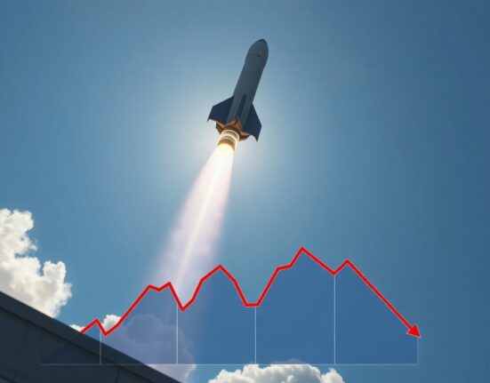 SpaceX rocket launching with a downward-trending crypto market cap graph overlay