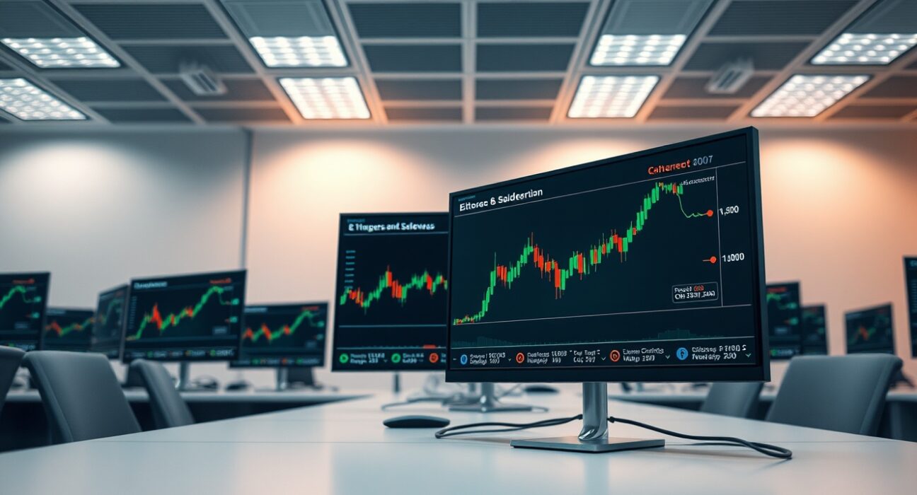 Crypto trading monitors showing sideways price action in a modern office setting