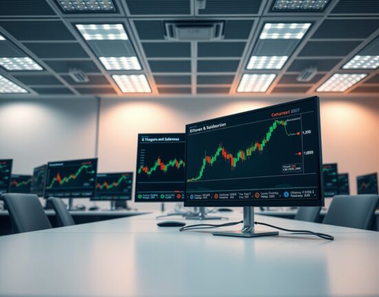 Crypto trading monitors showing sideways price action in a modern office setting