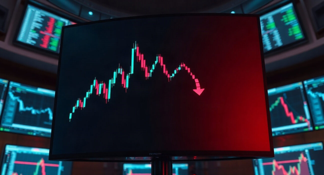 Cryptocurrency trading chart with red downward indicators on a screen in a dark trading room