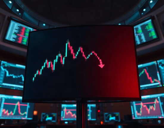 Cryptocurrency trading chart with red downward indicators on a screen in a dark trading room