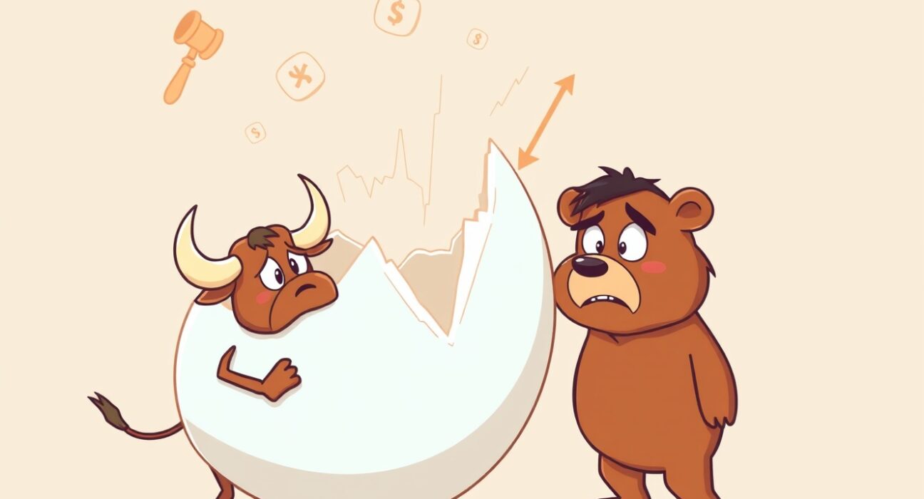 Animated illustration of a crypto market correction showing unstable price charts and concerned market characters.