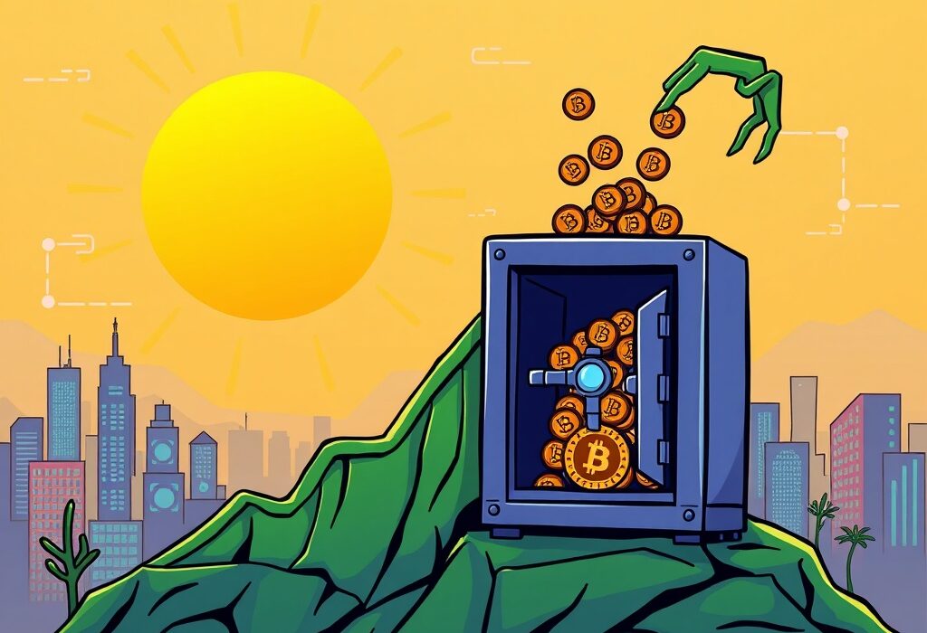 A cartoon illustration showing a healthy crypto market correction, with Bitcoin's strength ensuring stability and a positive future.