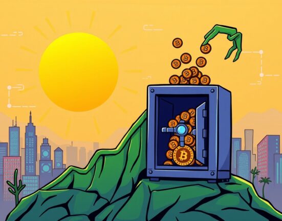 A cartoon illustration showing a healthy crypto market correction, with Bitcoin's strength ensuring stability and a positive future.